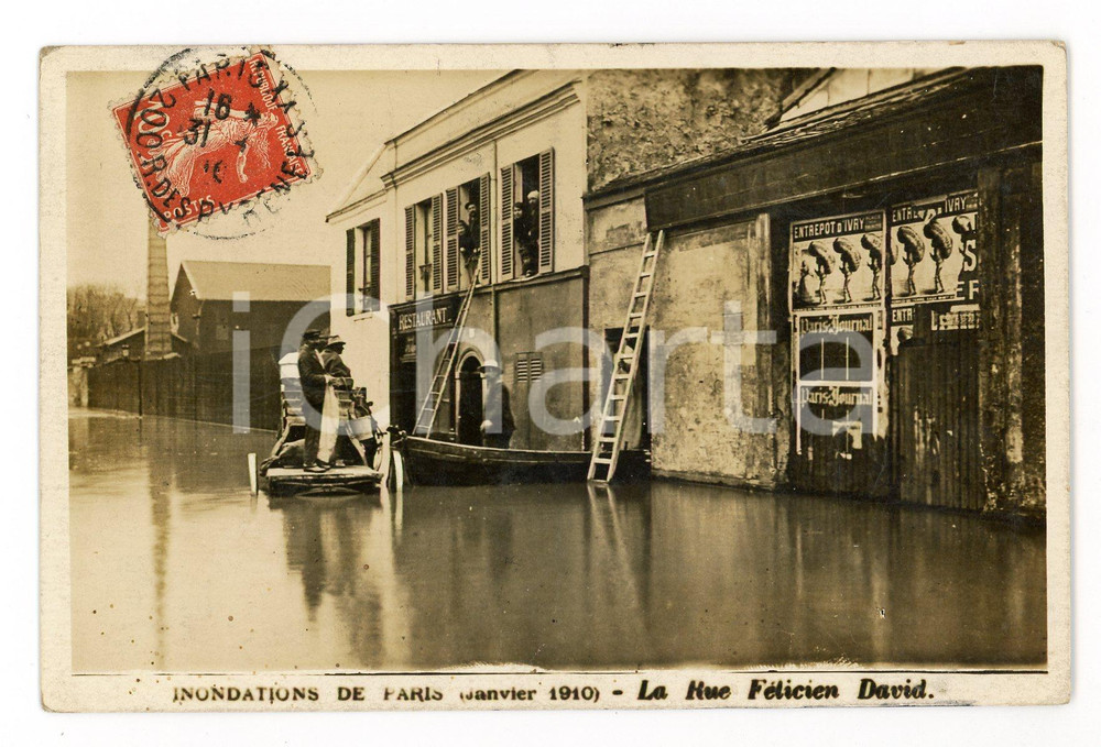 Janvier 1910 Inondations de PARIS - Rue Félicien David - Carte postale  Cartolina postale d'epoca, viaggiata.CONDIZIONI: G (ma piccole puntinature al lato inferiore)FORMATO: FP    originale e autentica 1