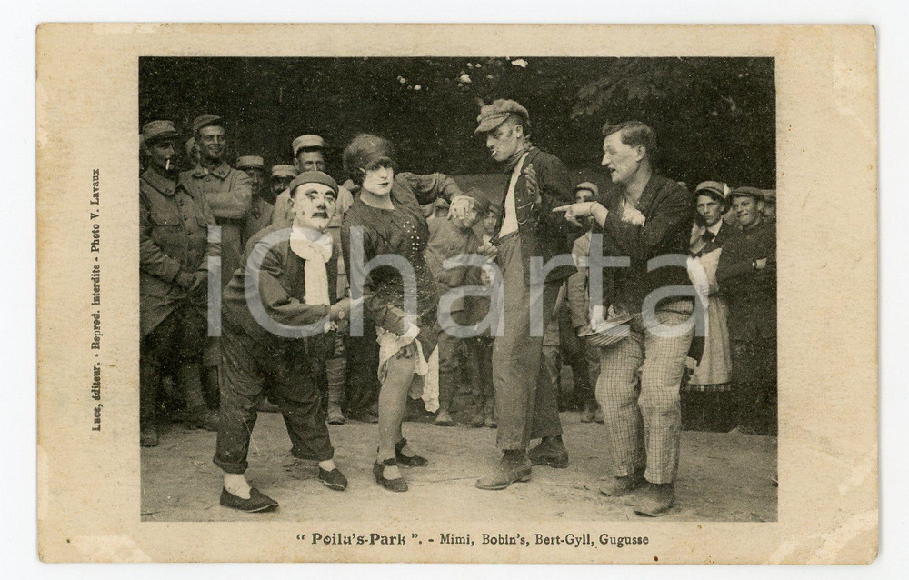 1920 ca FRANCE CIRCUS CLOWN - POILU'S PARK Mimi, Bobin's, Bert-Gyll, Gugusse  Cartolina pubblicitaria d'epoca, non viaggiata.CONDIZIONI: G  (ma minime scoloriture marginali e lievi piegature a destra)FORMATO: FP    originale e autentica 1