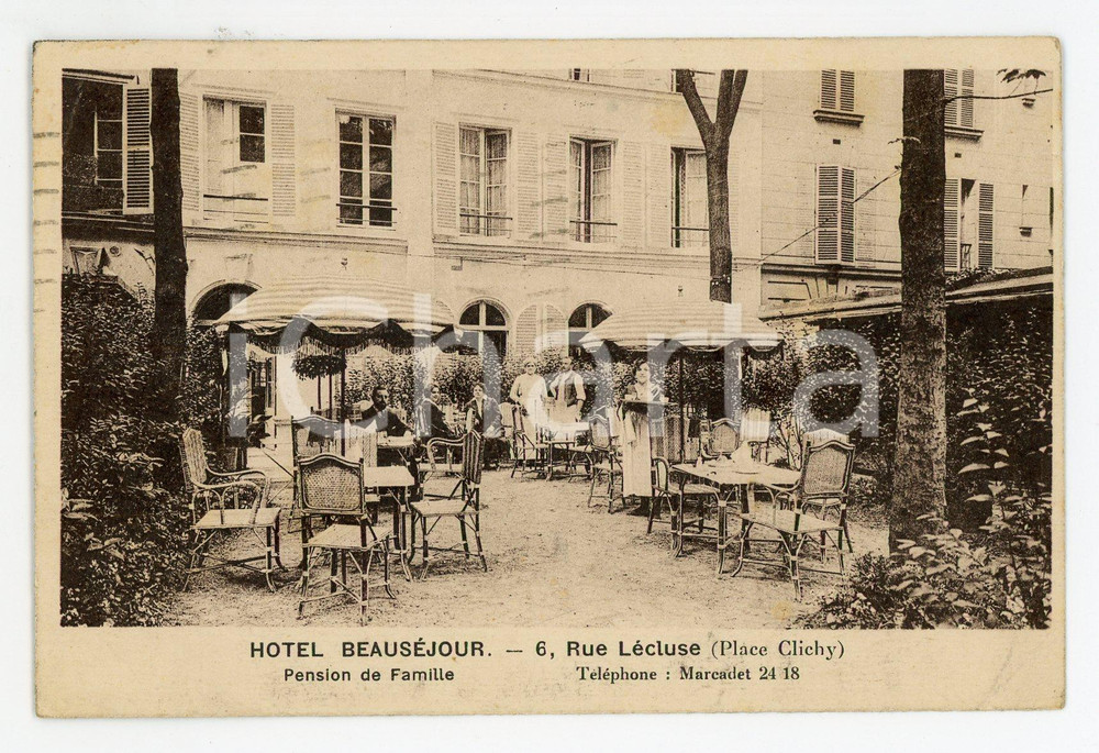 1926 PARIS rue Lécluse (CLICHY) Hotel Beauséjour - Carte postale ANIMEE  Cartolina pubblicitaria d'epoca, viaggiata.CONDIZIONI: G FORMATO: FP    originale e autentica 1