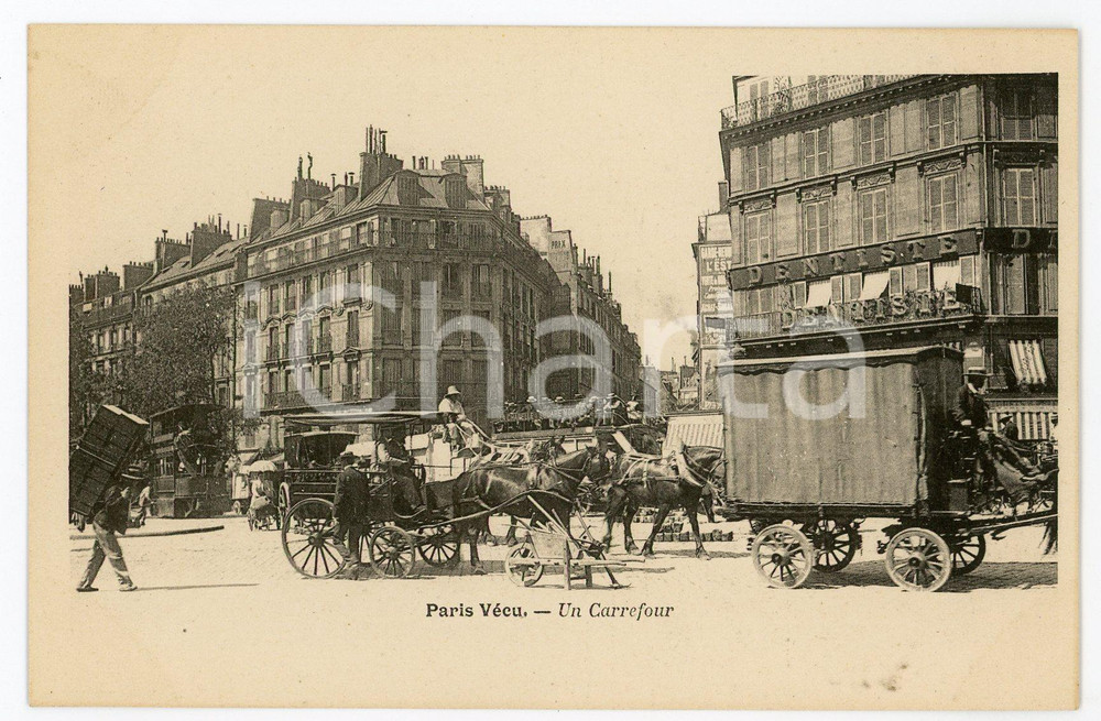 1900 ca PARIS VECU - Un Carrefour - Carte postale ANIMEE carrosses  Cartolina postale d'epoca, viaggiata. GOOD/buono  Formato: 14x9 cm originale e autentica 1