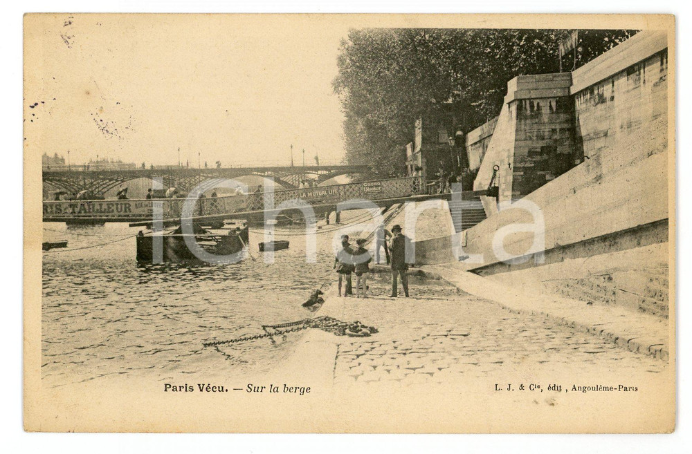 1907 PARIS VECU - Sur la berge - Carte postale ANIMEE  Cartolina postale d'epoca, viaggiata. FAIR/discreto lievi macchie di inchiostro Formato: 14x9 cm originale e autentica 1