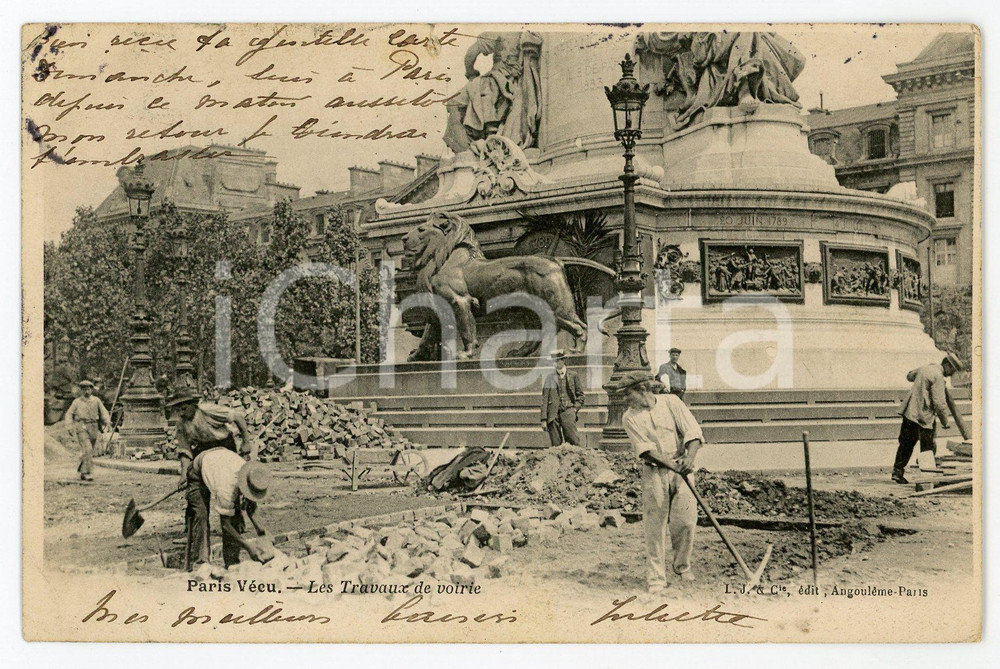 1906 PARIS VECU - Les Travaux de voirie - Carte postale ANIMEE  Cartolina postale d'epoca, viaggiata. FAIR/discreto piccolo strappo al lato superiore Formato: 14x9 cm originale e autentica 1