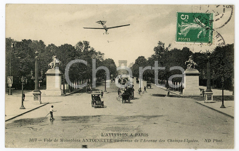 1912 AVIATION À PARIS Vols monoplans ANTOINETTE - Champs-Elysées *Postcard Cartolina postale, originale d'epoca, viaggiata. GOOD/buono ma lieve piegatura al lato destro Formato: 14x9 cm originale e autentica 1