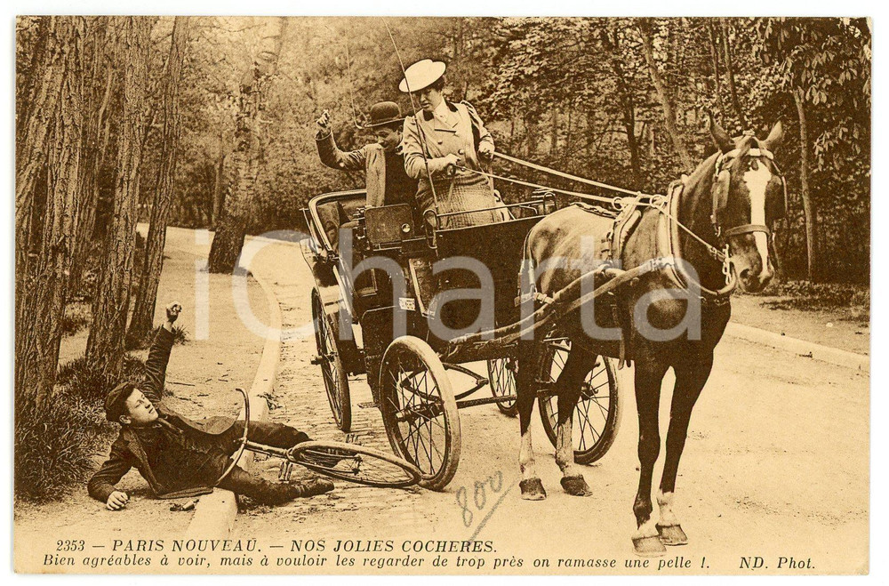 1910 ca PARIS NOUVEAU Les femmes cocher - Nos jolies cochères - CPA Cartolina postale, originale d'epoca, scritta ma non viaggiata. GOOD/buono  Formato: 14x9 cm originale e autentica 1