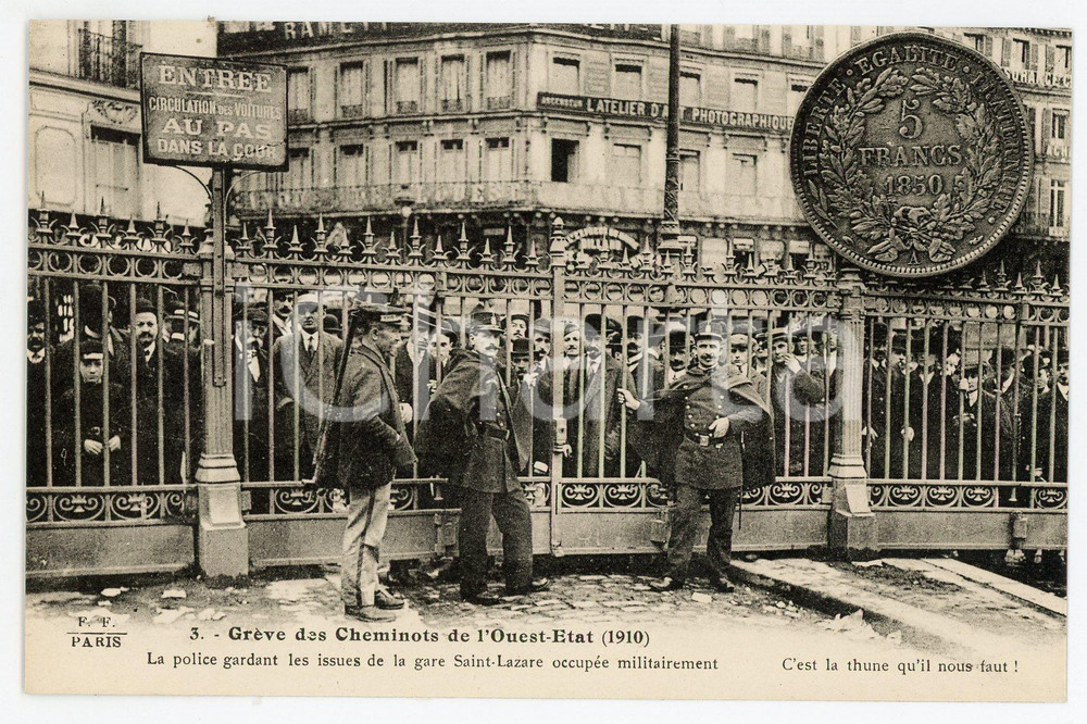1925ca PARIS Grève cheminots de l'OUEST ETAT 1910 Police à la Gare Saint-Lazare  Cartolina postale d'epoca, non viaggiata. GOOD/buono  Formato: 14x9 cm originale e autentica 1