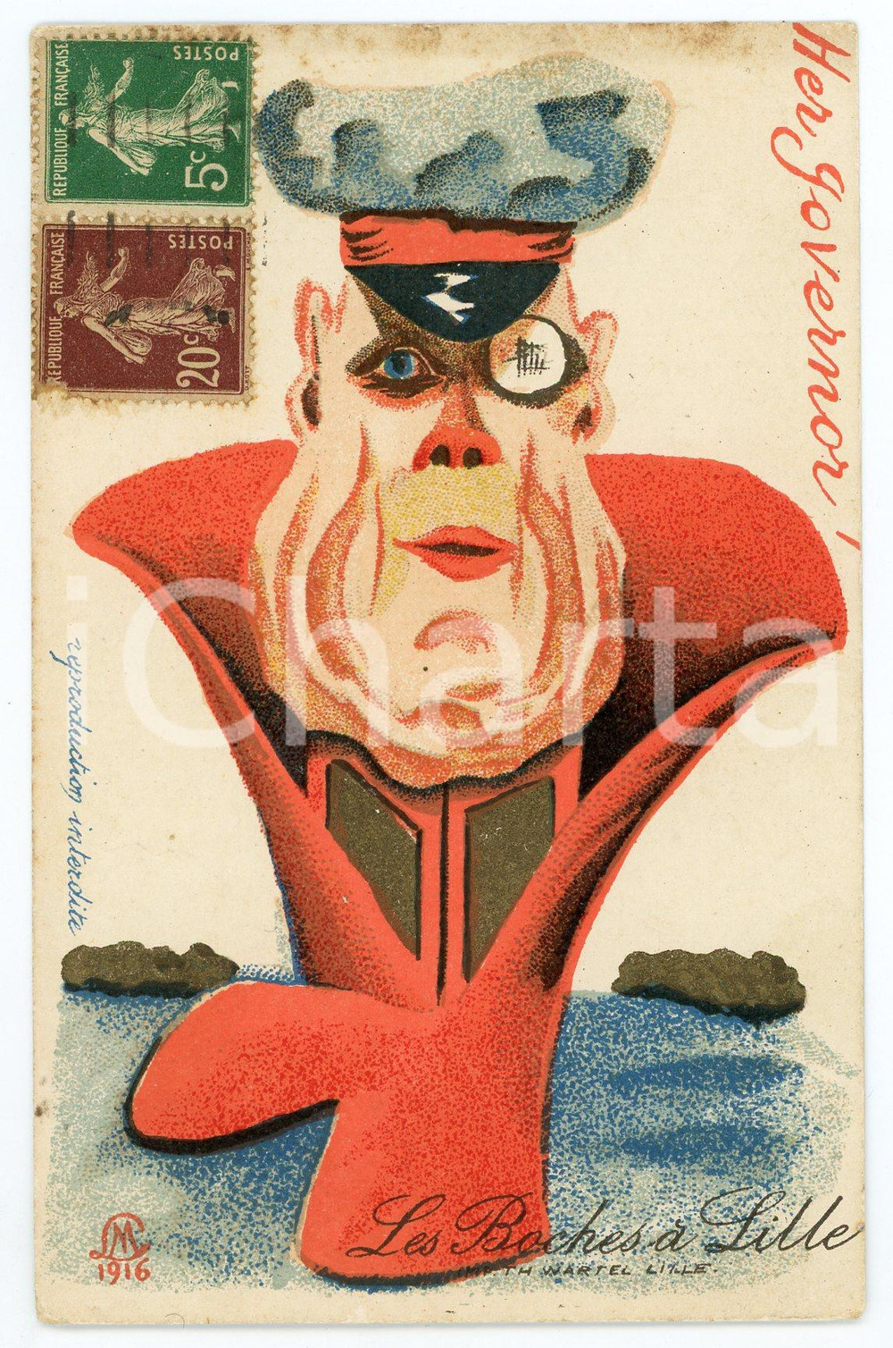 1920 LES BOCHES À LILLE Her governor - Carte postale ILLUSTRÉE FP VG  Cartolina postale d'epoca, viaggiata. POOR/danneggiato lievi smussature agli angoli e alone al margine superiore Formato: FP originale e autentica 1