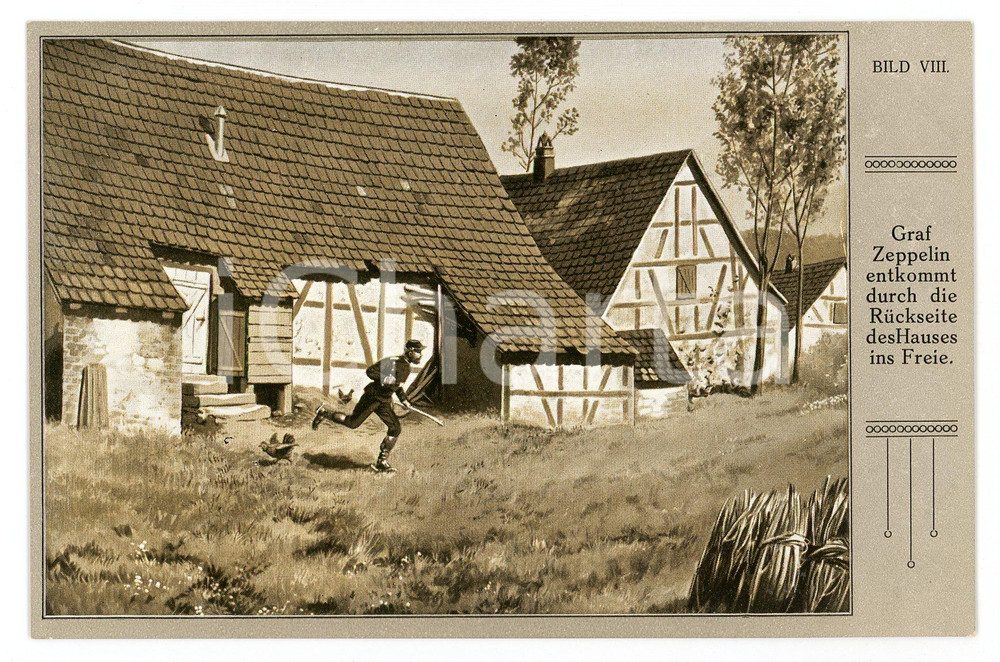 1920 ca Ferdinand VON ZEPPELIN entkommt durch die rückseite des hauses Postcard  Cartolina postale d'epoca, non viaggiata. GOOD/buono  Formato: FP originale e autentica 1