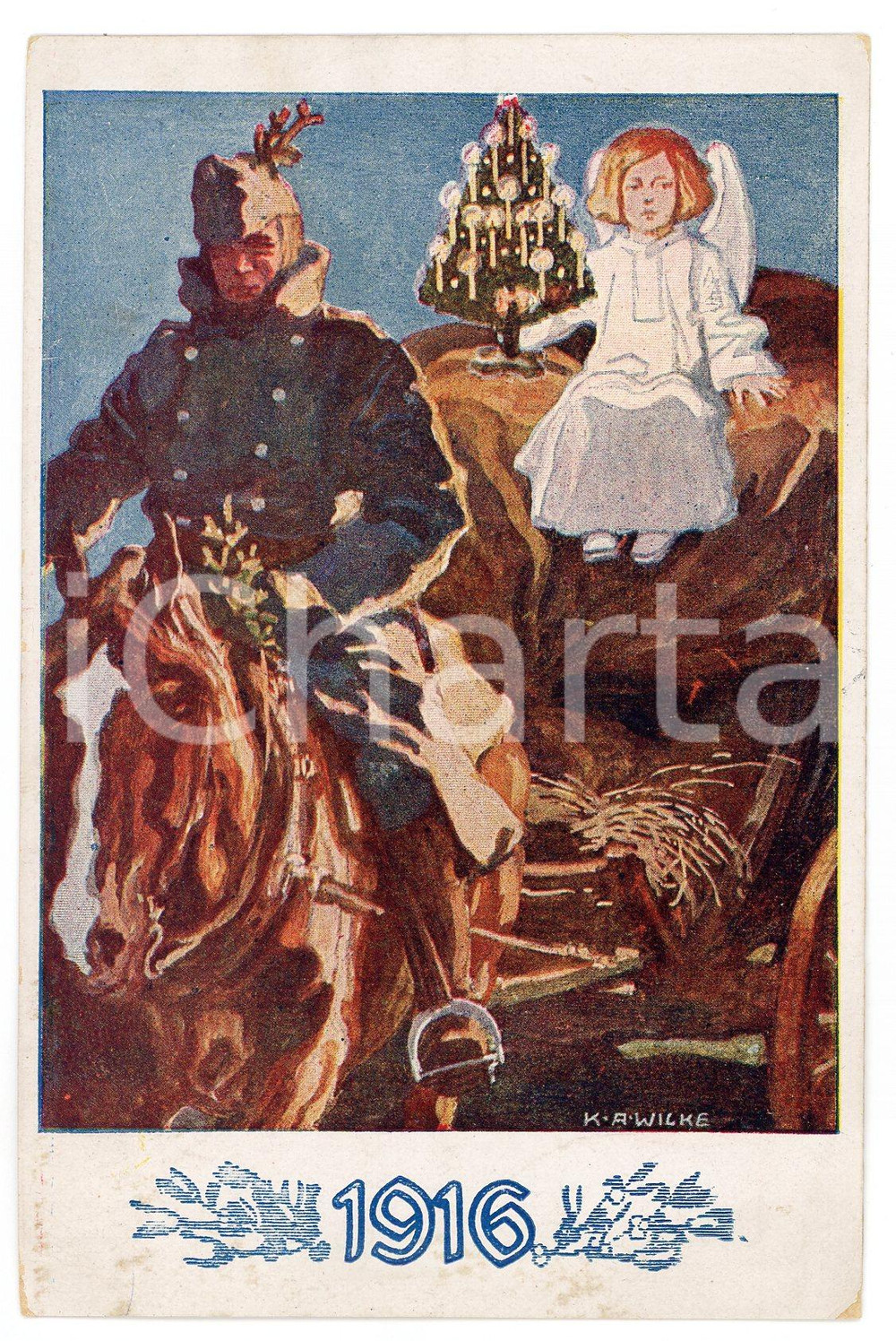 1916 WW1 DEUTSCHES HEER - Christmas greetings - ill. K. A. WILKE - Postcard  Cartolina postale d'epoca, viaggiata (ma francobollo asportato).CONDIZIONI: F (piccole macchie al recto)FORMATO: FP    originale e autentica 1