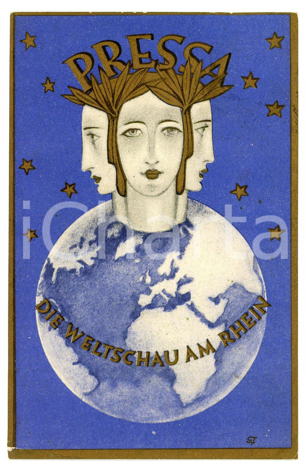 1928 PRESSA KÖLN - Die Weltschau Am Rhein - Press Exhibition - Postcard  Cartolina postale d'epoca, viaggiata (ma con francobollo asportato).CONDIZIONI: F (lievi piegature agli angoli inferiori)FORMATO: FP    originale e autentica 1