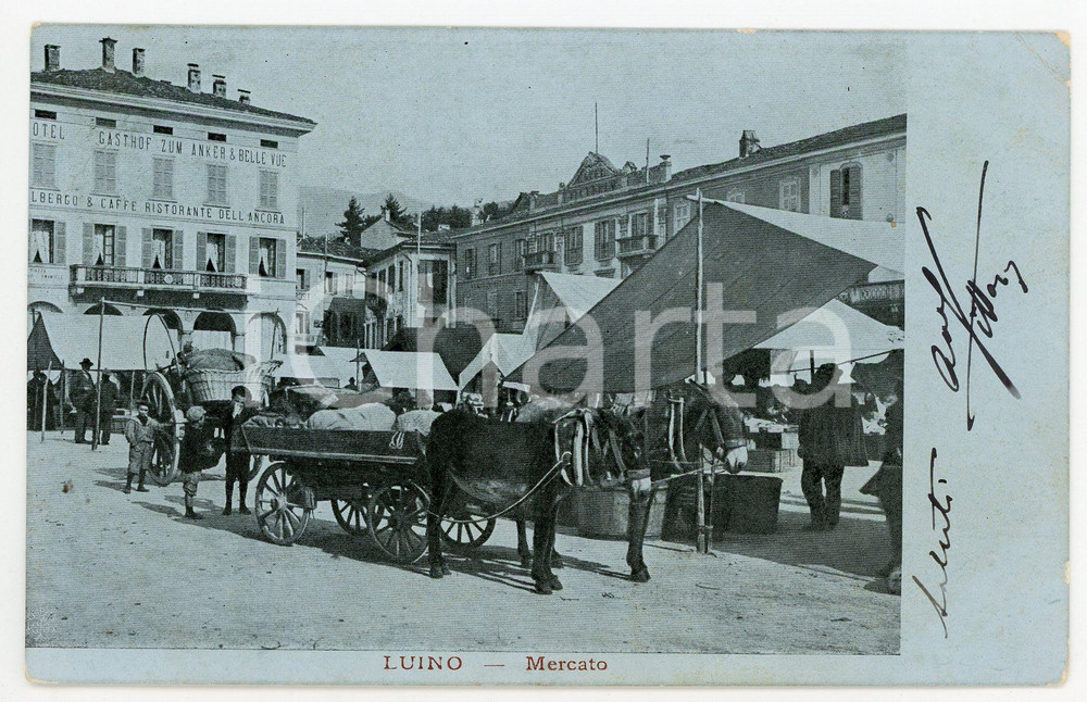 1905 LUINO (VA) Mercato - Albergo Ristorante ANCORA - Cartolina ANIMATA calesse  Cartolina postale d'epoca, viaggiata.CONDIZIONI: FAIR (piegatura angolare)FORMATO: FP    originale e autentica 1