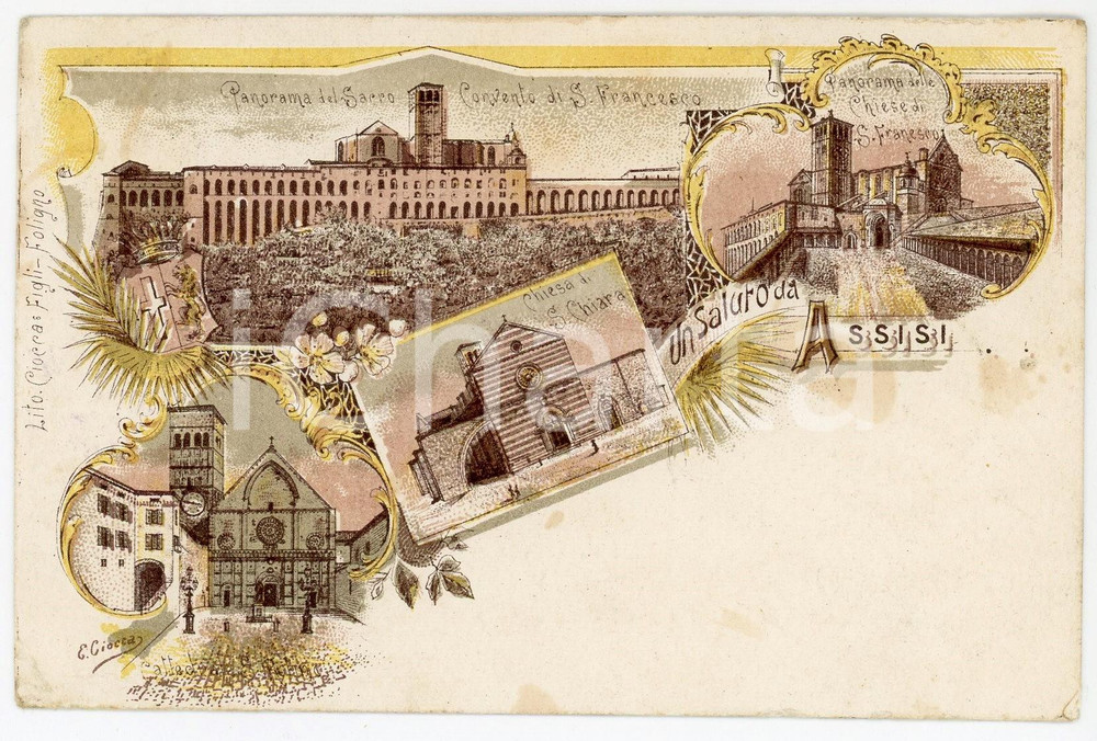 1900 ASSISI Vedutine - Basilica di S Francesco - Chiesa di S. Chiara *Cartolina  Cartolina postale d'epoca, viaggiata.CONDIZIONI: P (piegature angolari e alcune macchie)FORMATO: FP    originale e autentica 1