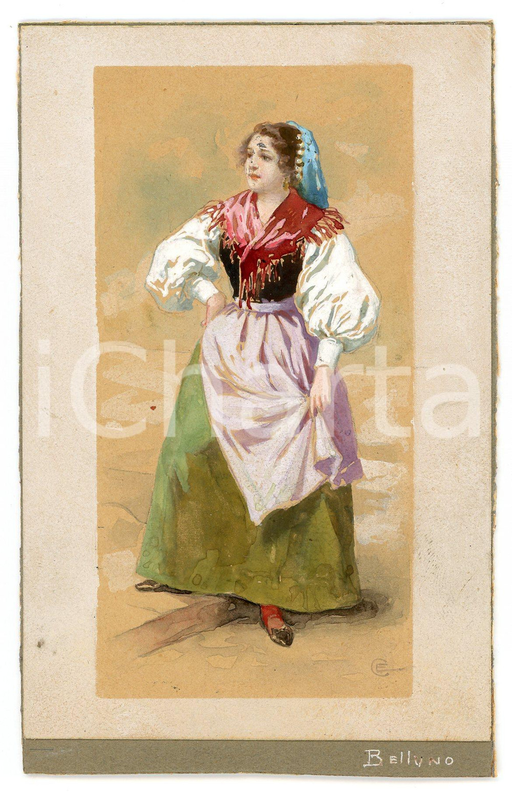 1910 ca BELLUNO Donna in costume tradizionale - Cartolina originale acquerellata  Cartolina originale d'epoca, acquerello montato su cartoncino rigido di supporto.Si tratta di un bozzetto unico.CONDIZIONI: GFORMATO: 15x9 cm    originale e autentica 1
