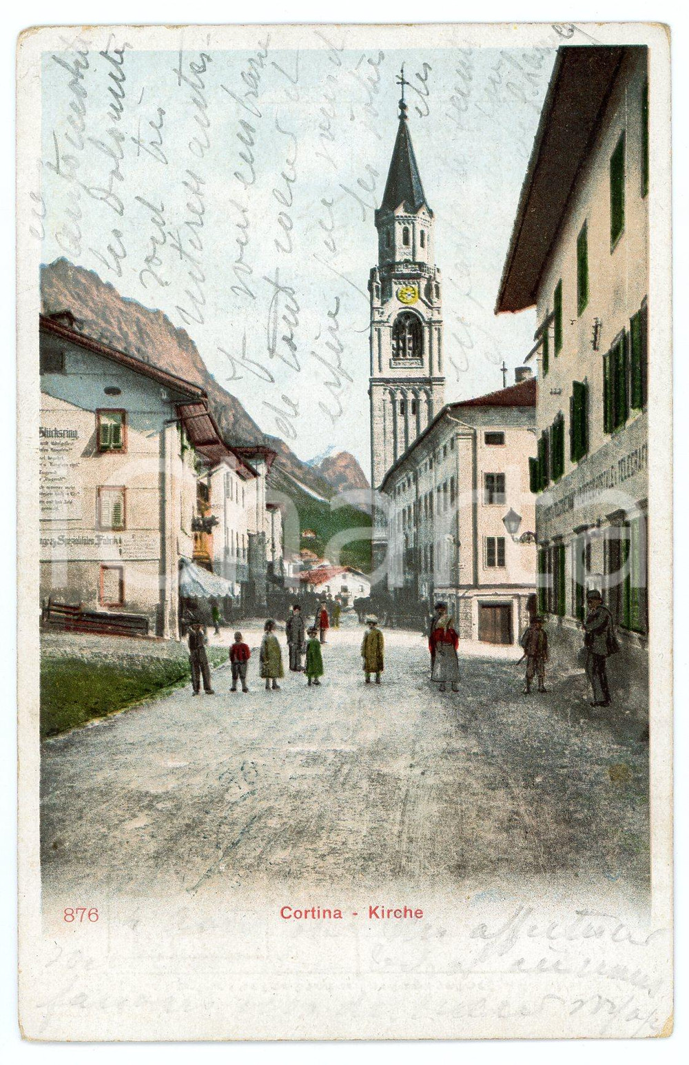 1904 CORTINA D'AMPEZZO Kirche - Chiesa SS Filippo e Giacomo - Cartolina  Cartolina postale d'epoca, viaggiata (con timbro ma francobollo asportato).CONDIZIONI: G (leggere smussature agli angoli e minima piegatura angolo superiore sinistro)FORMATO: FP    originale e autentica 1