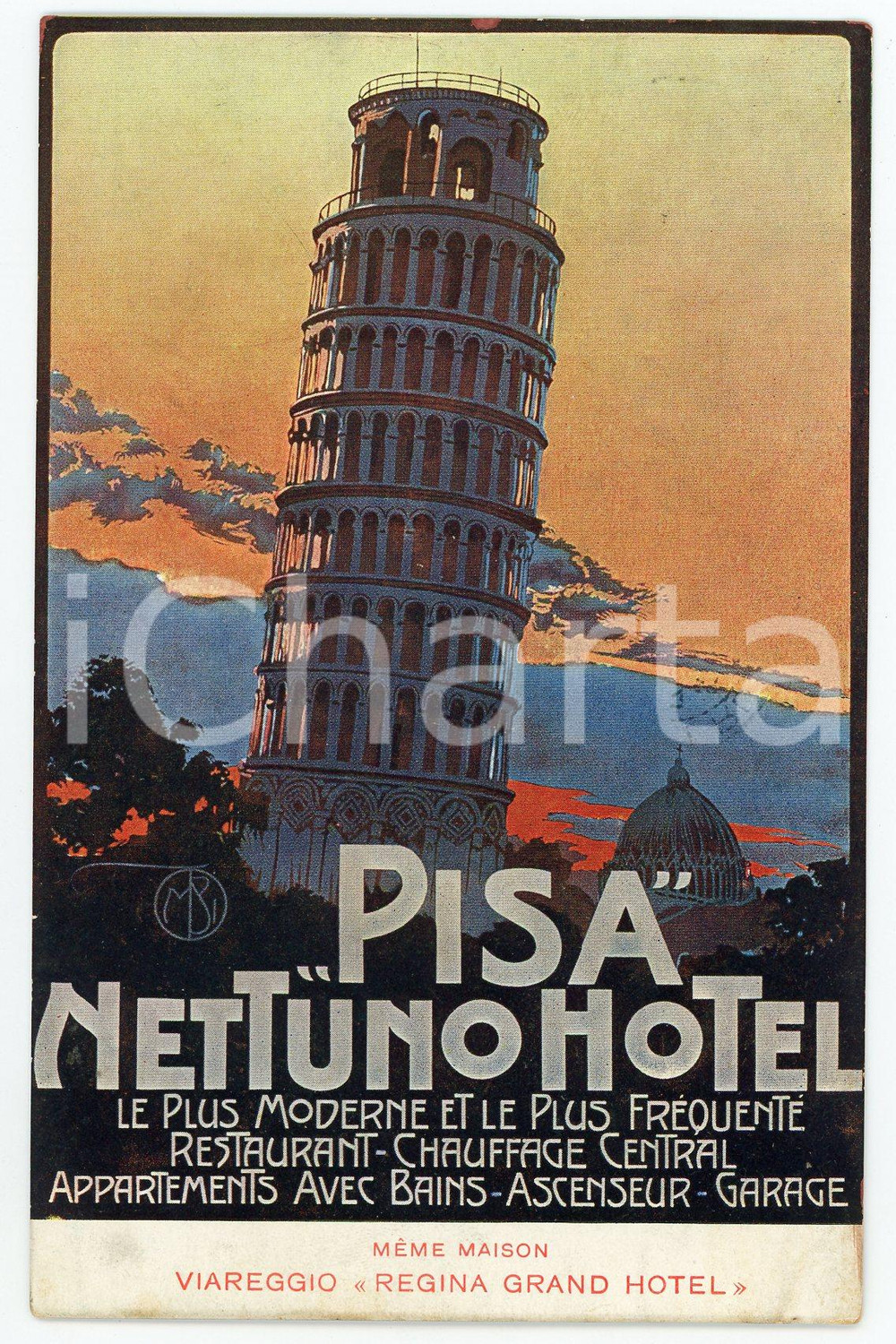 1910 PISA - NETTUNO Hotel - ILLUSTRATED Postcard Leaning Tower  Cartolina postale d'epoca, pubblicitaria, viaggiata. GOOD/buono  Formato: 9x14 cm originale e autentica 1