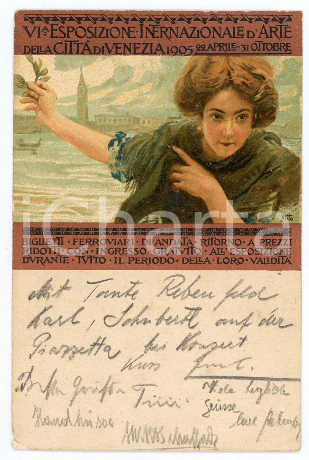 1905 VENEZIA VI^ Esposizione Internazionale d'Arte - Cartolina ill. Ettore TITO  Cartolina postale originale d'epoca, viaggiata nel 1914. POOR/danneggiato piegatura evidente all'angolo inferiore sinistro, con piccolo strappo Formato: 14x9 cm originale e autentica 1
