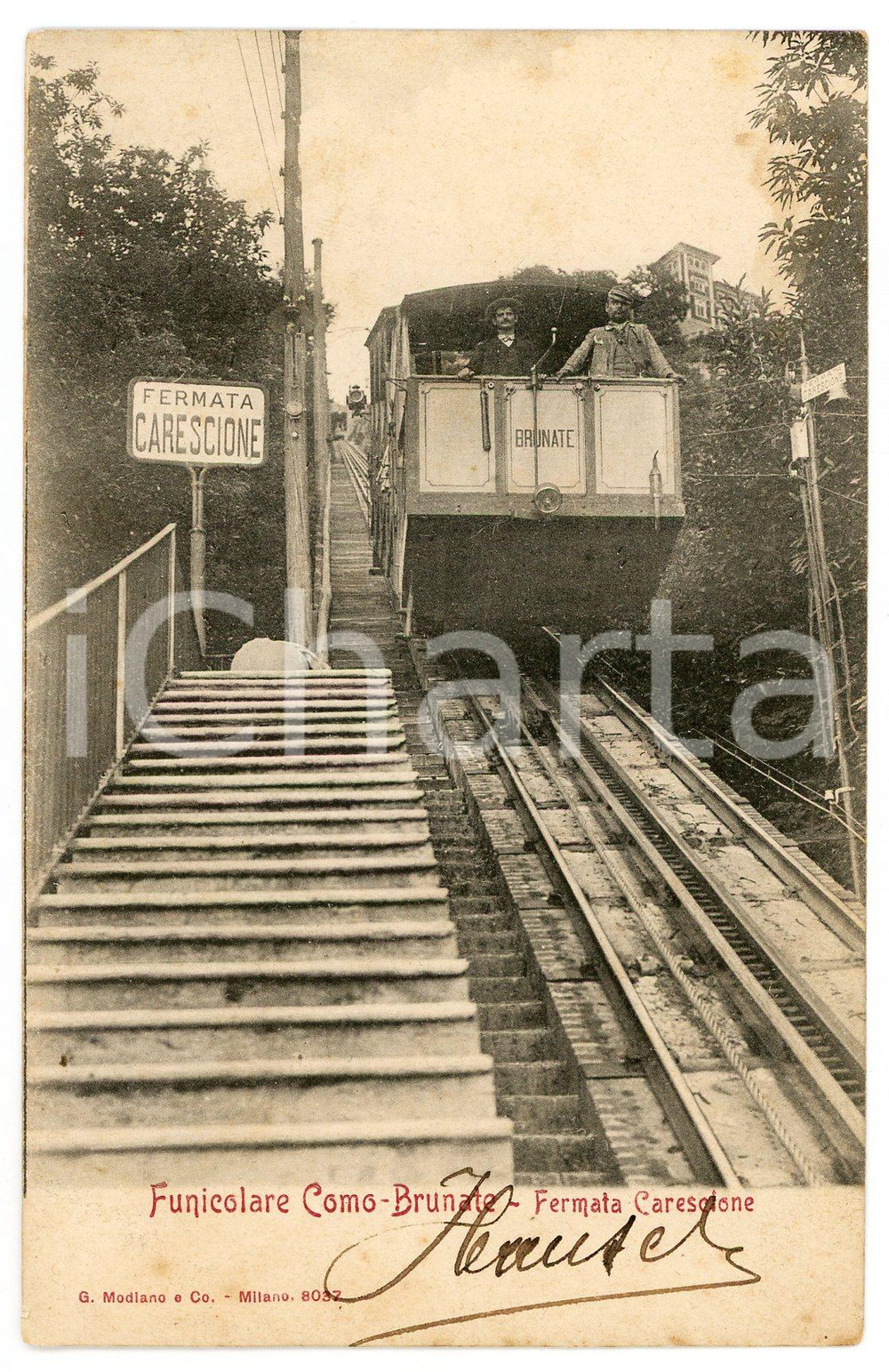 1905 ca Funicolare COMO-BRUNATE - Fermata Carescione - Cartolina postale ANIMATA  Cartolina postale d'epoca, non viaggiata.CONDIZIONI: F (leggera piegatura centrale e fioriture diffuse)FORMATO: FP    originale e autentica 1
