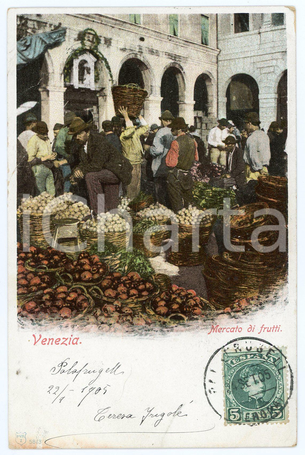 1905 COSTUMI VENEZIA Mercato di frutti - Cromo cartolina ANIMATA  Cartolina postale d'epoca, viaggiata.CONDIZIONI: F (piegature al lato sinistro; piccole abrasioni angolari)FORMATO: FP    originale e autentica 1
