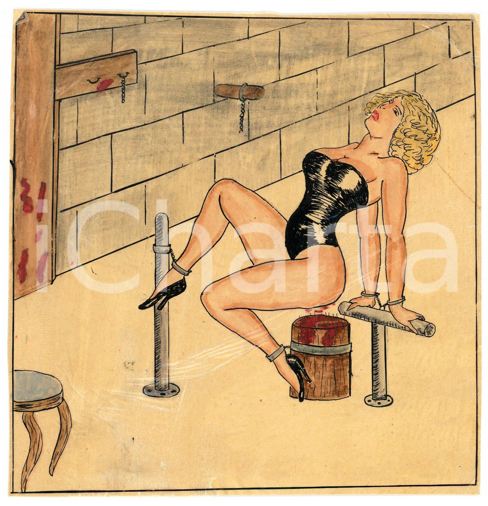1955 Lesbian BDSM A slave in the room - Drawing by Raymond VAN DOREN 13x13 Disegno originale di Raymond Van Doren, realizzato a china e pastello su carta lucida applicata a cartoncino.FORMATO: 13x13 cmCONDIZIONI: FAIR (increspature)    originale e autentica 1