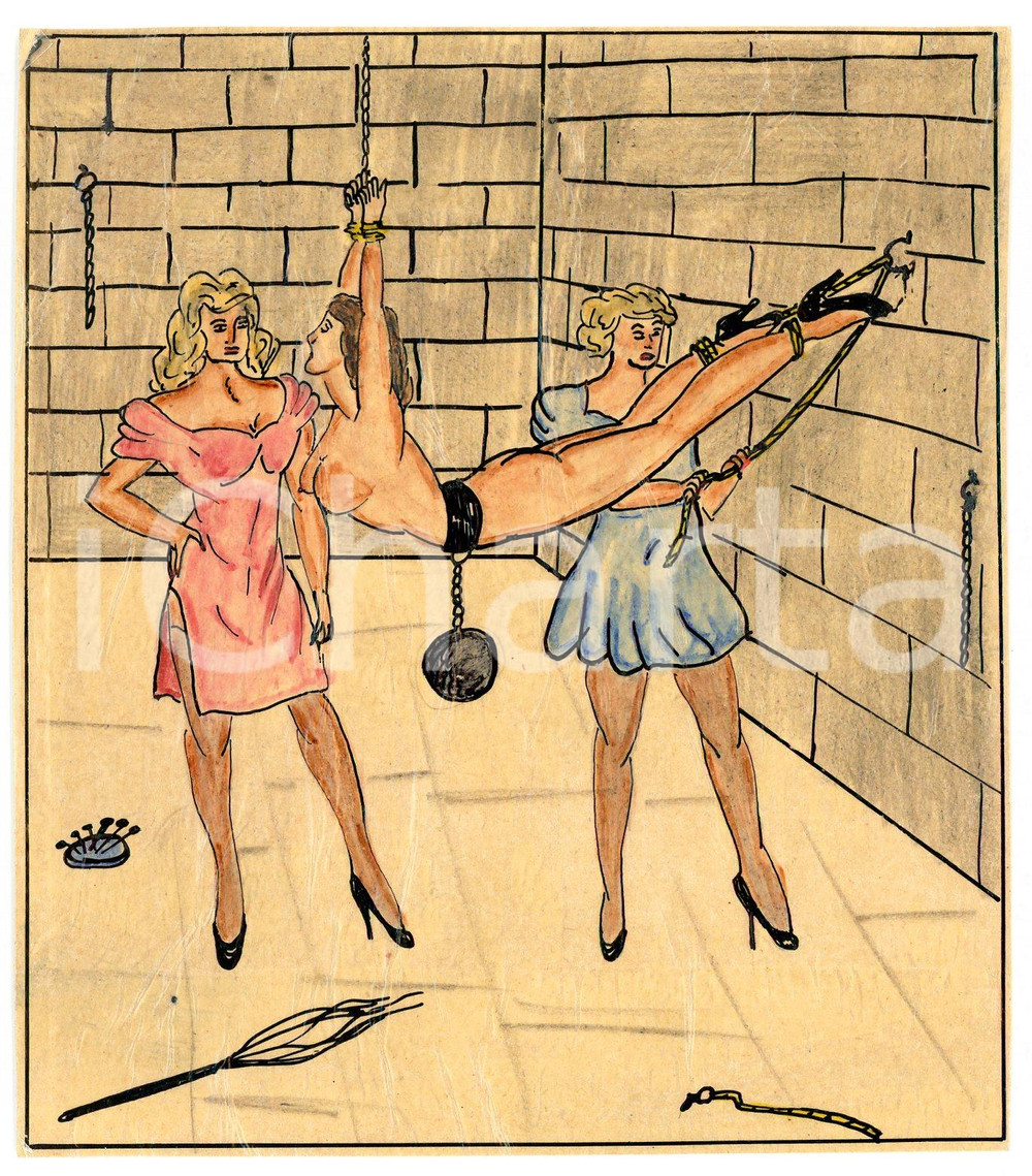 1955 ca LESBIAN BDSM Mistresses and slave - Drawing by Raymond VAN DOREN Disegno originale di Raymond Van Doren, realizzato a china e pastello su carta lucida applicata a cartoncino.FORMATO: 11x13 cmCONDIZIONI: G    originale e autentica 1