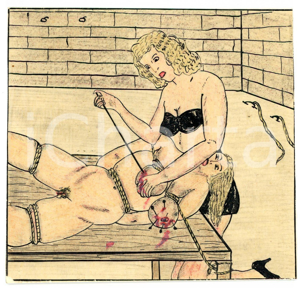 1955 ca Lesbian BDSM Mistress and slave (2) - Drawing by Raymond VAN DOREN Disegno originale di Raymond Van Doren, realizzato a china e pastello su carta lucida applicata a cartoncino.FORMATO: 12x11 cmCONDIZIONI: G     originale e autentica 1