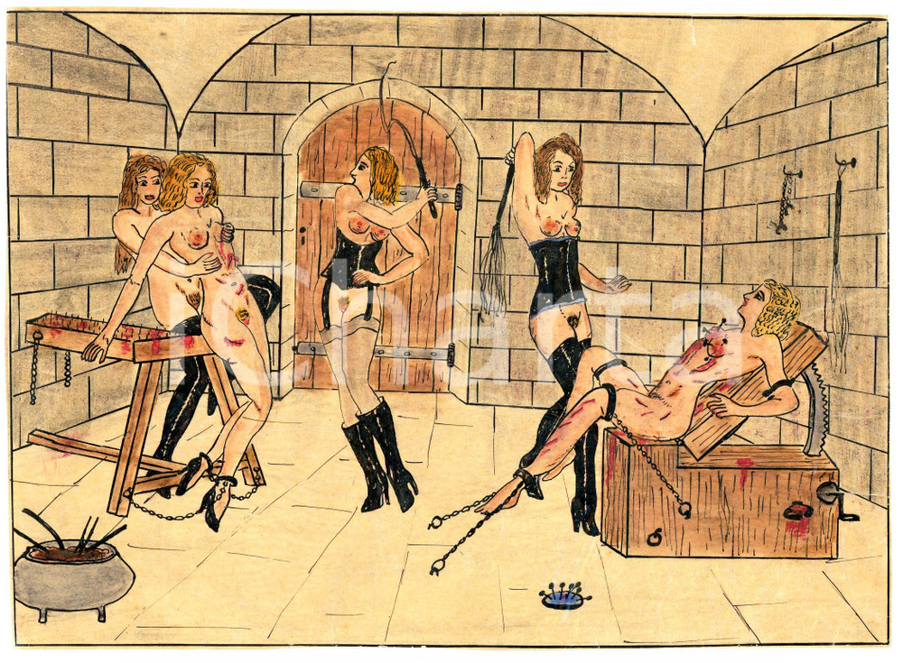 1955 ca LESBIAN BDSM Mistresses and tortured slaves - Drawing Raymond VAN DOREN Disegno originale di Raymond Van Doren, realizzato a china e pastello su carta lucida applicata a cartoncino.FORMATO: 17x13 cmCONDIZIONI: G    originale e autentica 1