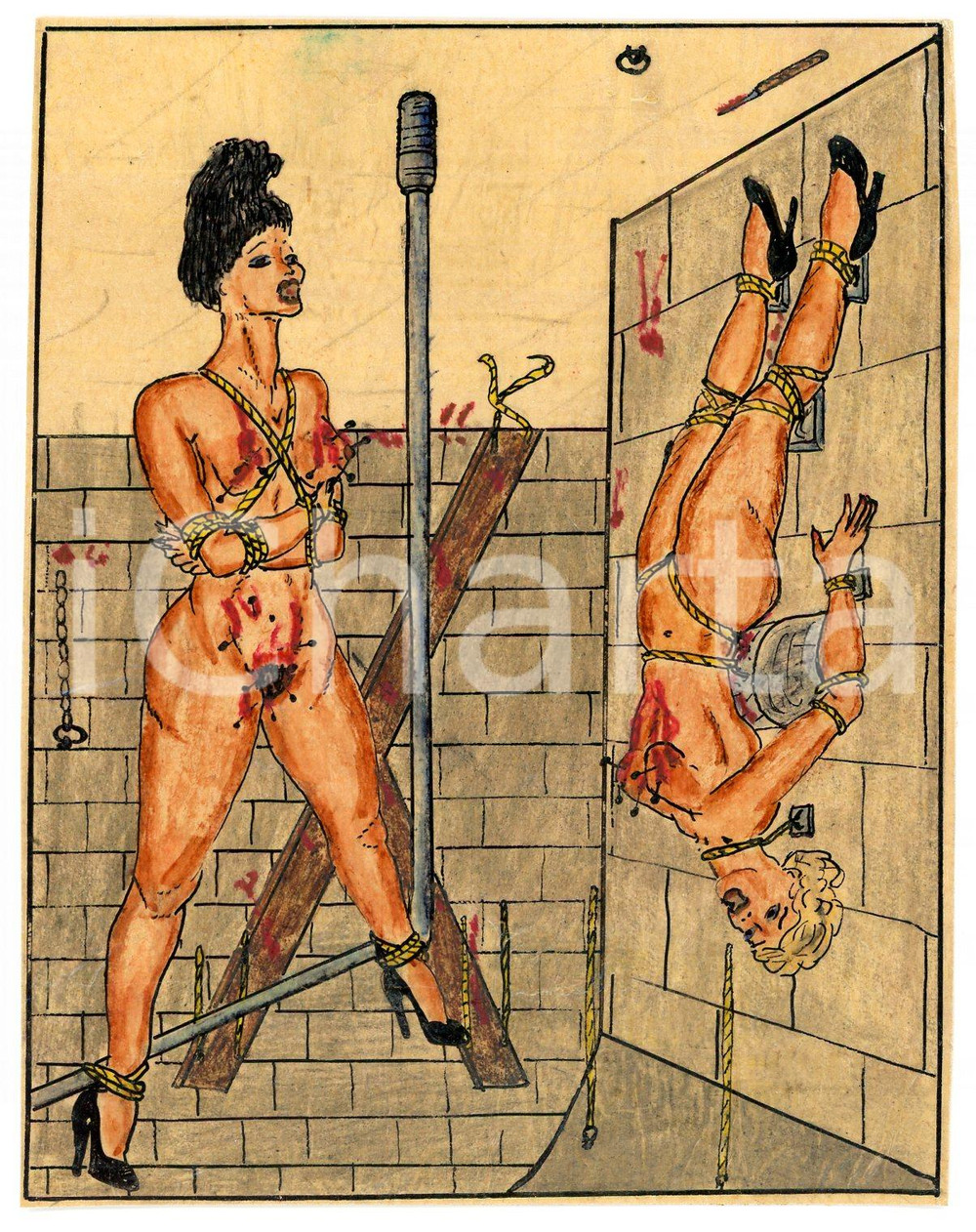 1955 ca LESBIAN BDSM Tortured slaves (3) - Drawing by Raymond VAN DOREN Disegno originale di Raymond Van Doren, realizzato a china e pastello su carta lucida applicata a cartoncino.FORMATO: 10x12 cmCONDIZIONI: G    originale e autentica 1