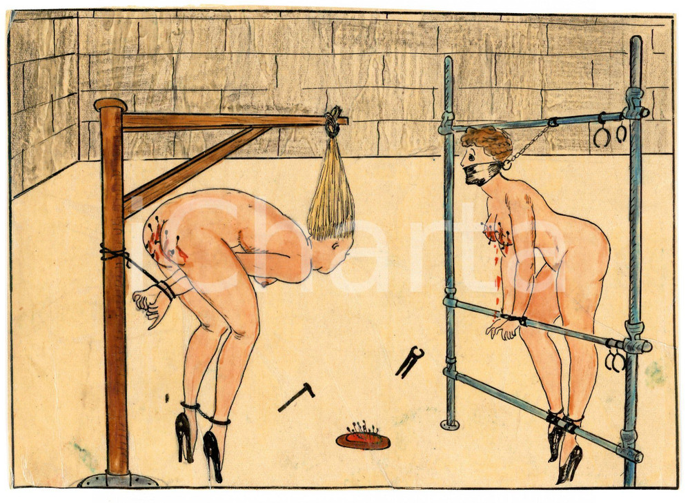 1955 ca LESBIAN BDSM Tortured slaves (1) - Drawing by Raymond VAN DOREN Disegno originale di Raymond Van Doren, realizzato a china e pastello su carta lucida applicata a cartoncino.FORMATO: 17x12 cmCONDIZIONI: FAIR (piegature e increspature superficiali)    originale e autentica 1