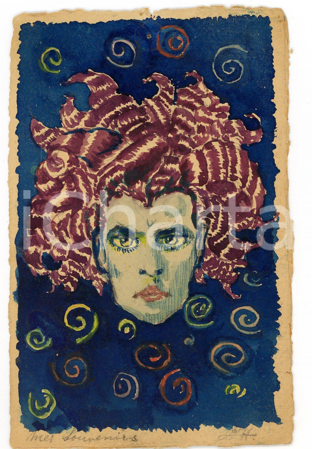 1924 ART Head of a woman - Watercolor vintage postcard *Unique piece  Pregevole cartolina postale d'epoca, realizzata ad acquerello, viaggiata.CONDIZIONI: FAIR (piccoli fori di affissione al lato superiore)FORMATO: FP    originale e autentica 1