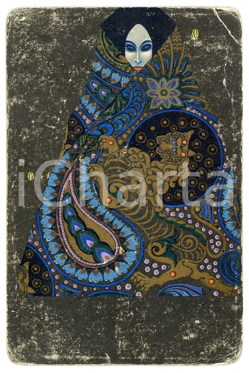 1910 ca LIBERTY Artista Vittorio ZECCHIN "Tigre reale" - Cartolina vintage  Pregevole cartolina postale d'epoca, non viaggiata.La cartolina appartiene alla serie "Smalti e murrine", che riproduceva cartoni per vetrate e disegni per murrine.CONDIZIONI: POOR (rosure soprattutto marginali, piegature angolari e macchie al verso)FORMATO: FPEDITORE:  F. Polenghi e C. - Torino    originale e autentica 1