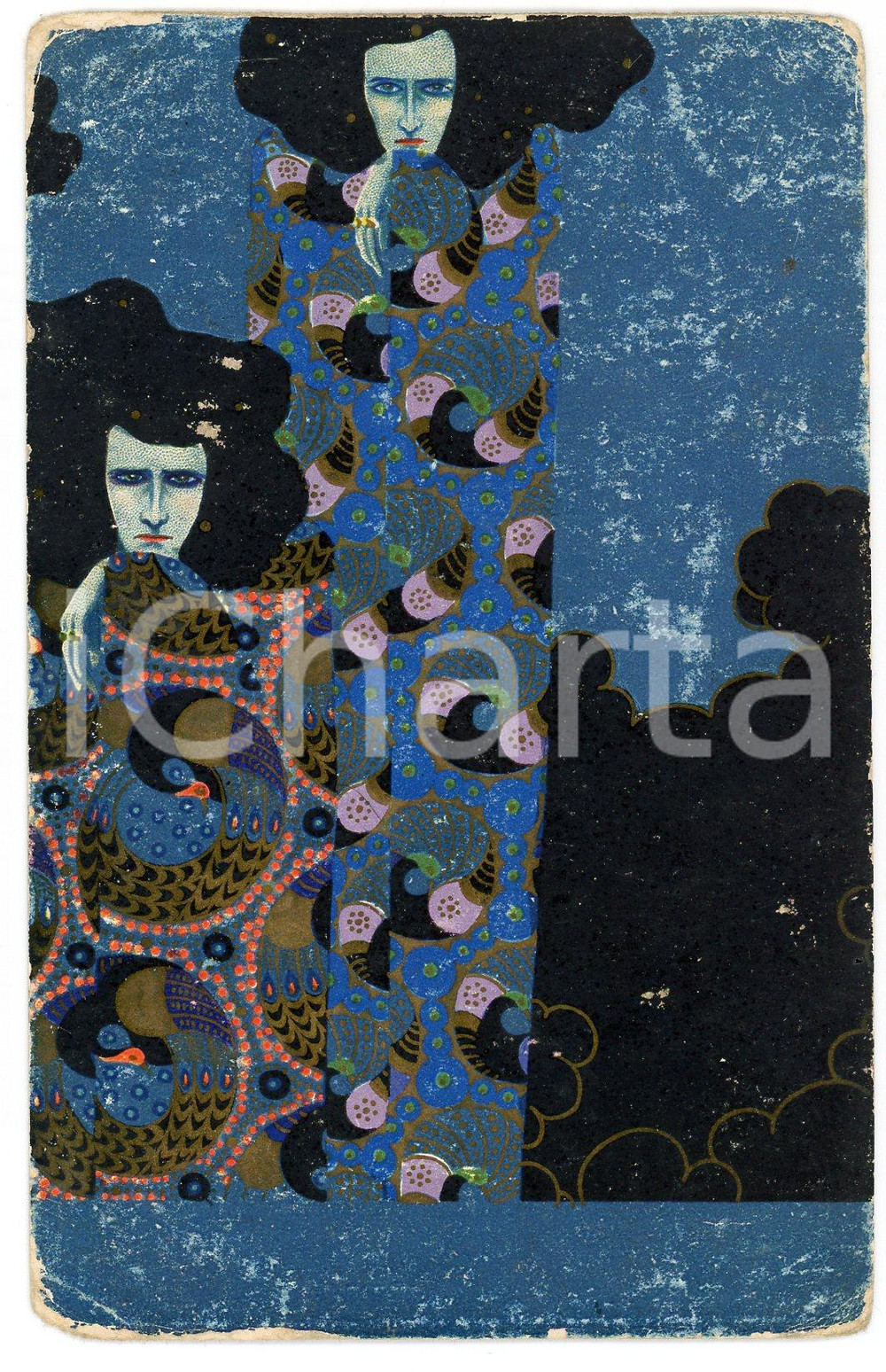 1910 ca LIBERTY Artista Vittorio ZECCHIN "Procellarie" - Cartolina vintage  Pregevole cartolina postale d'epoca, non viaggiata.La cartolina appartiene alla serie "Smalti e murrine", che riproduceva cartoni per vetrate e disegni per murrine.CONDIZIONI: POOR (varie rosure soprattutto marginali)FORMATO: FPEDITORE:  F. Polenghi e C. - Torino    originale e autentica 1
