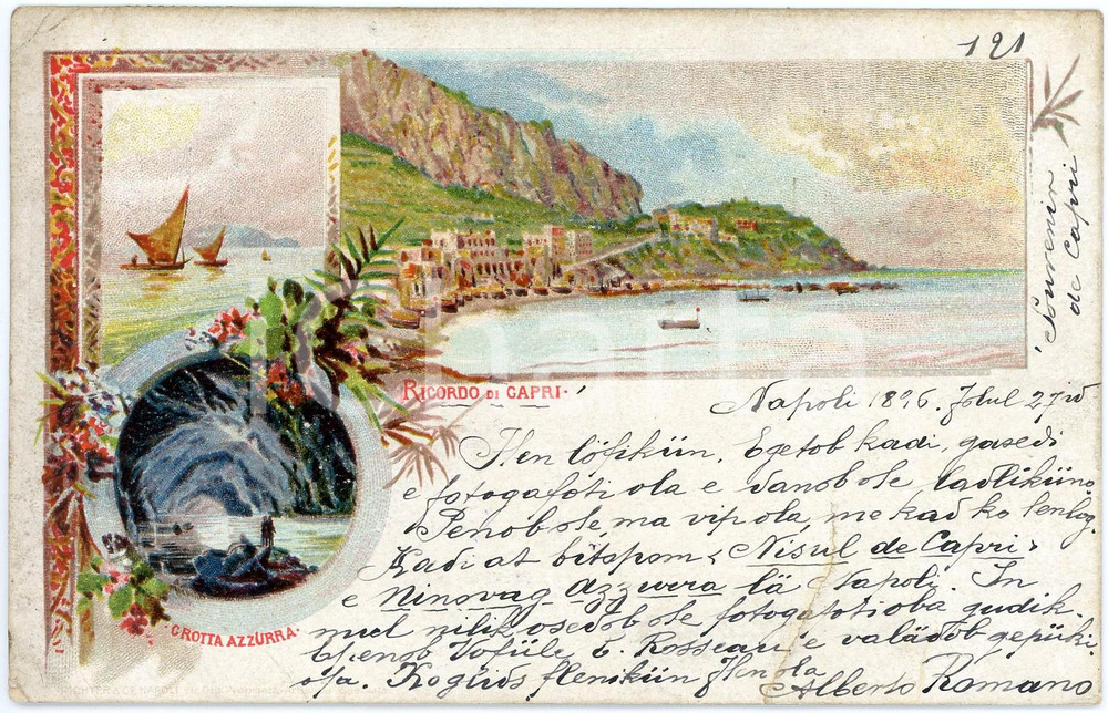 1896 CAPRI Grotta Azzurra e vedutine dell'isola - Cartolina ILLUSTRATA FP VG  Cartolina postale d'epoca, viaggiata.CONDIZIONI: FAIRFORMATO: FP    originale e autentica 1