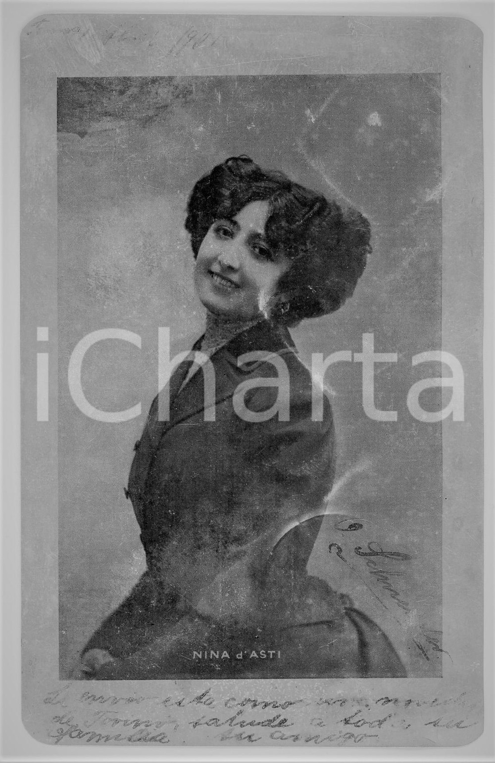 1906 Portrait of NINA D'ASTI - Aluminium vintage postcard  Cartolina postale d'epoca, realizzata in alluminio, viaggiata.CONDIZIONI: FAIR (lievi piegature)FORMATO: FP    originale e autentica 1