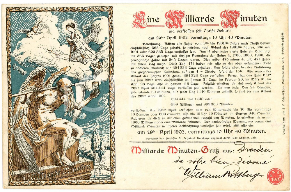 1902 GERMANY - EINE MILLIARDE MINUTEN Illustrated postcard FP VG  Cartolina postale d'epoca, viaggiata.CONDIZIONI: fairFORMATO: FP    originale e autentica 1
