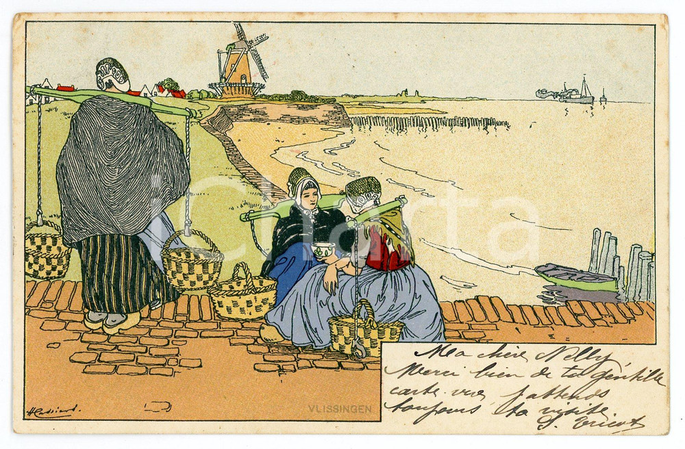 1909 VLISSINGEN (NL) Illustration by Henri CASSIERS Postcard FP VG  Cartolina postale d'epoca, viaggiata.CONDIZIONI: FAIR (bruniture e piegature diffuse)FORMATO: FP    originale e autentica 1