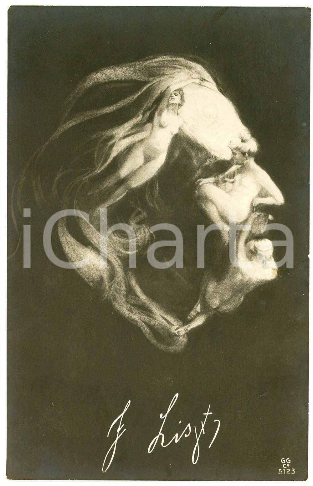 1920ca EROTICA - TÊTE TROMPEUSES  Franz LISZT Metamorphic postcard FP NV  Cartolina postale d'epoca, non viaggiata ma con nota manoscritta al verso e timbro Soir&eacute;e S.R.EDITORE: GG Co. 5123CONDIZIONI: FAIRFORMATO: FP    originale e autentica 1