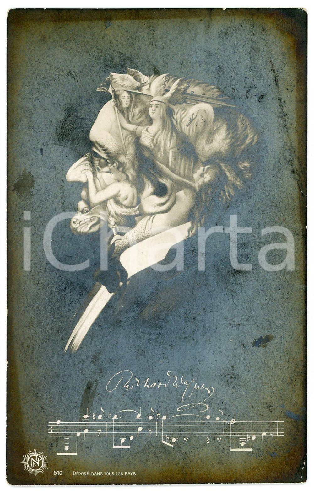 1909 TÊTE TROMPEUSES  Richard WAGNER Metamorphic postcard FP VG  Cartolina postale d'epoca, viaggiata.EDITORE: NNl 510CONDIZIONI: POOR (aloni diffusi)FORMATO: FP    originale e autentica 1