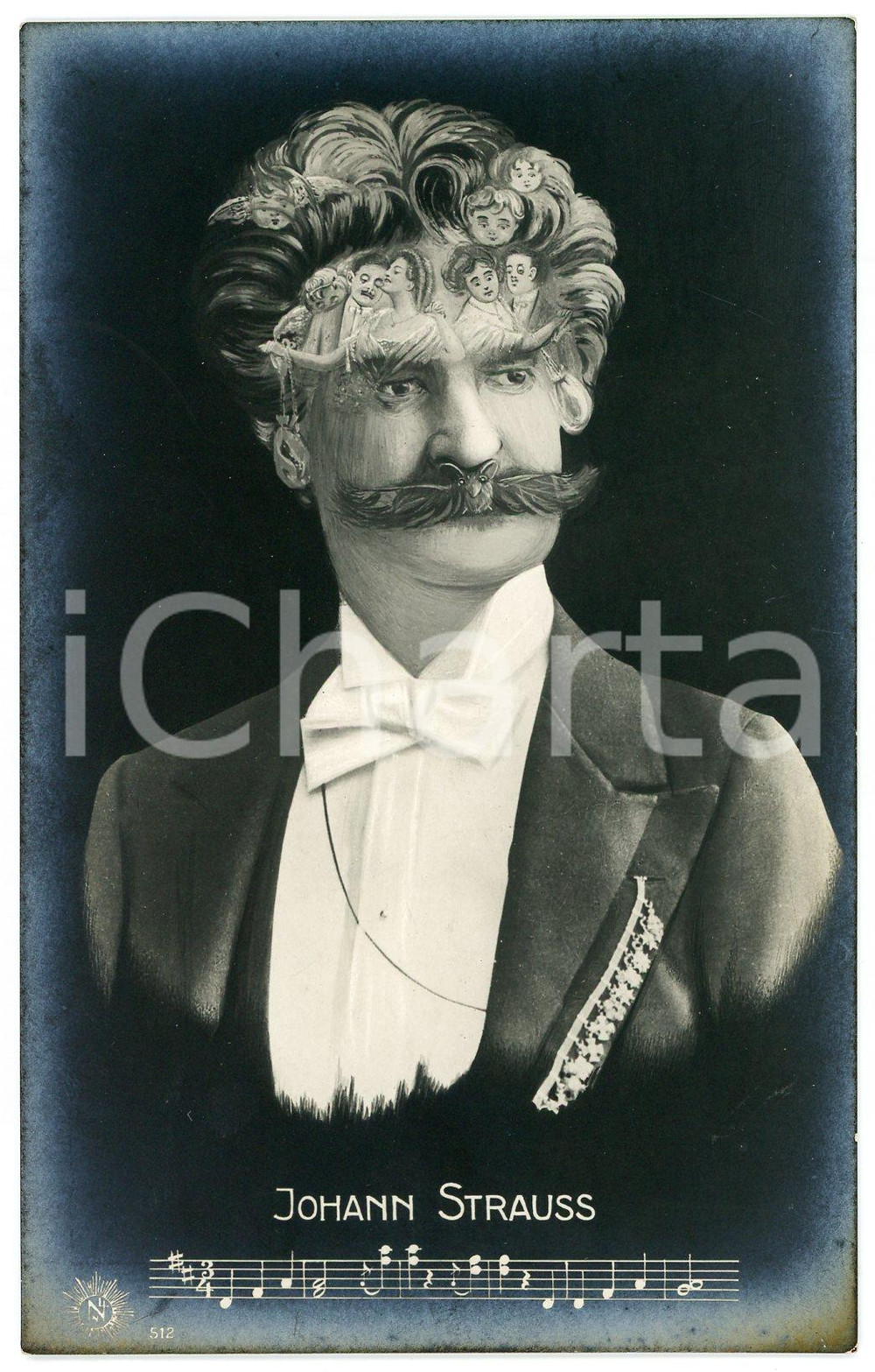 1936 TÊTE TROMPEUSES Johann STRAUSS Metamorphic postcard FP NV  Cartolina postale d'epoca, non viaggiata ma con nota manoscritta al verso.EDITORE: NNL 512CONDIZIONI: POOR (aloni diffusi)FORMATO: FP    originale e autentica 1