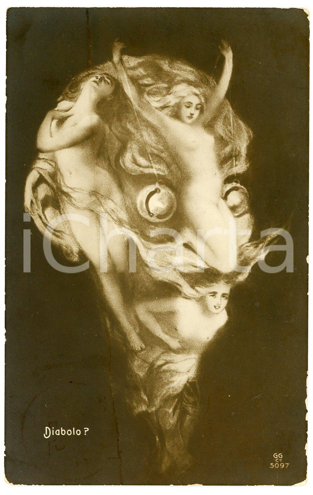 1910 EROTICA - TÊTE TROMPEUSES Diabolo? - Metamorphic postcard FP VG DAMAGED  Cartolina postale d'epoca, viaggiata.CONDIZIONI: VERY POOR (profonda piegatura orizzontale)FORMATO: FP    originale e autentica 1
