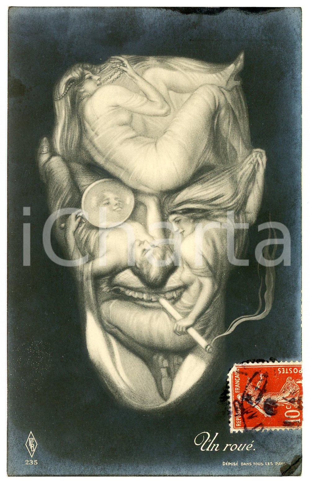 1909 EROTICA - TÊTE TROMPEUSES Un roué - Metamorphic postcard FP NV  Cartolina postale d'epoca, non viaggiata ma con nota manoscritto al verso.EDITORE: PFB 235CONDIZIONI: POOR (aloni diffusi e piccola piegatura all'angolo inferiore destro)FORMATO: FP    originale e autentica 1