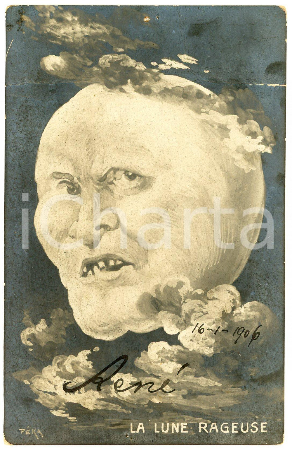 1906 Artiste PEKA - La Lune rageuse - DAMAGED postcard  Cartolina postale d'epoca, viaggiata .CONDIZIONI: VP (profonda piegatura orizzontale)FORMATO: FP    originale e autentica 1