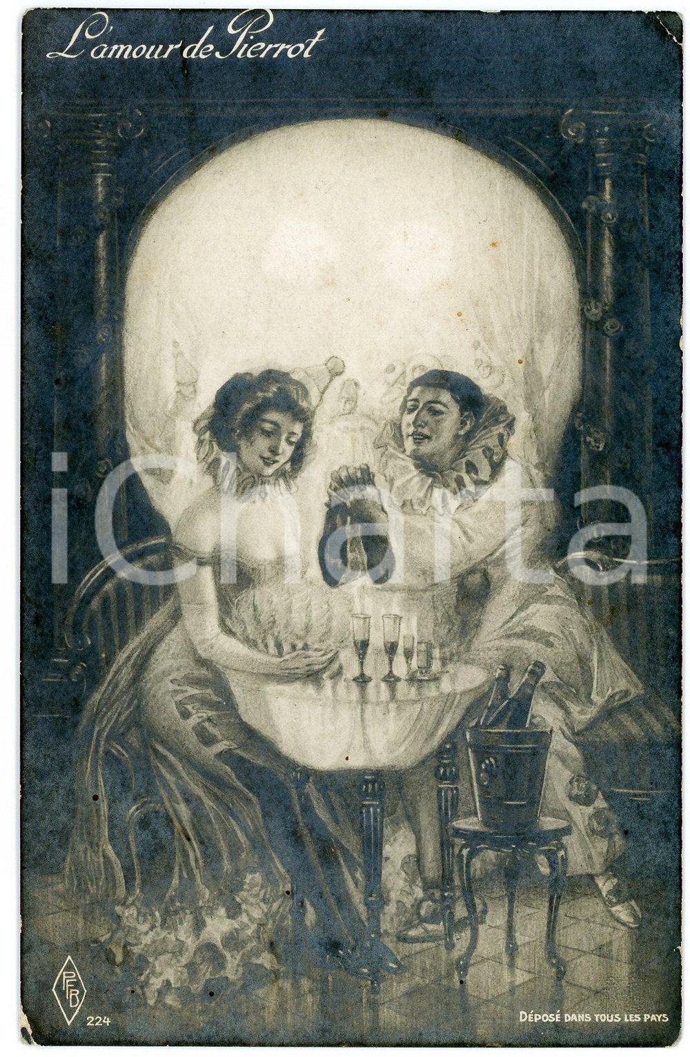 1910ca TÊTE TROMPEUSES L'amour de Pierrot - Metamorphic postcard FP NV  Cartolina postale d'epoca, viaggiata.EDITORE: PFB 224CONDIZIONI: FAIR (lievi piegature agli angoli)FORMATO: FP    originale e autentica 1