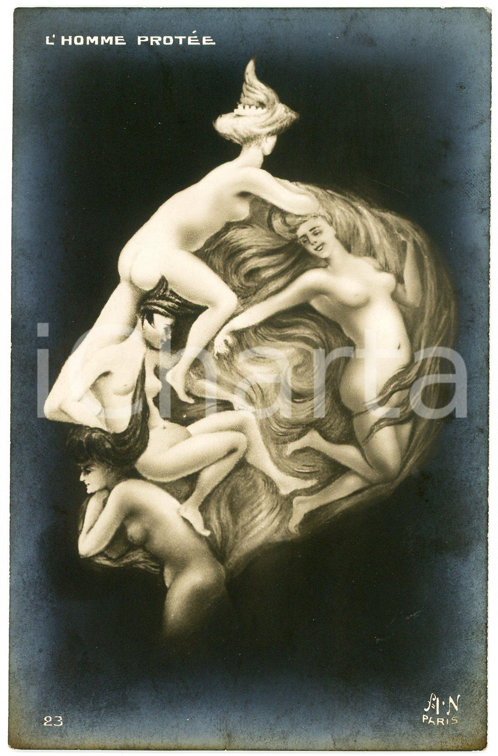 1936 EROTICA - TÊTE TROMPEUSES L'homme protée - Metamorphic postcard FP NV  Cartolina postale d'epoca, non viaggiata ma con nota manoscritto al verso.EDITORE: HN ParisCONDIZIONI: POOR (Aloni diffusi)FORMATO: FP    originale e autentica 1