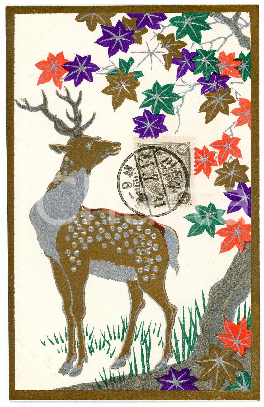 1931 JAPAN Stag in the woods - Embossed silver postcard T. AMANO  Cartolina postale d'epoca, viaggiata.Timbro al verso "T. Amano - Tokyo"CONDIZIONI: GFORMATO: FP    originale e autentica 1