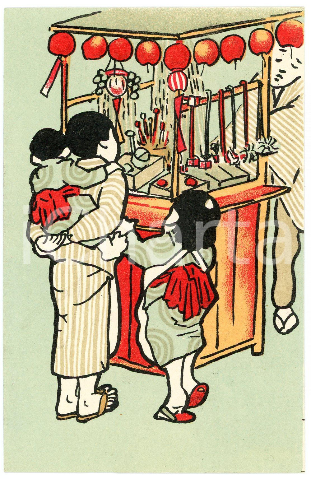 1910 ca JAPAN CUSTOMS Family at a candy market stand - Illustrated postcard  Cartolina postale d'epoca, non viaggiata.CONDIZIONI: G FORMATO: FPEDITORE: Seikwado - Shiba, Tokyo    originale e autentica 1