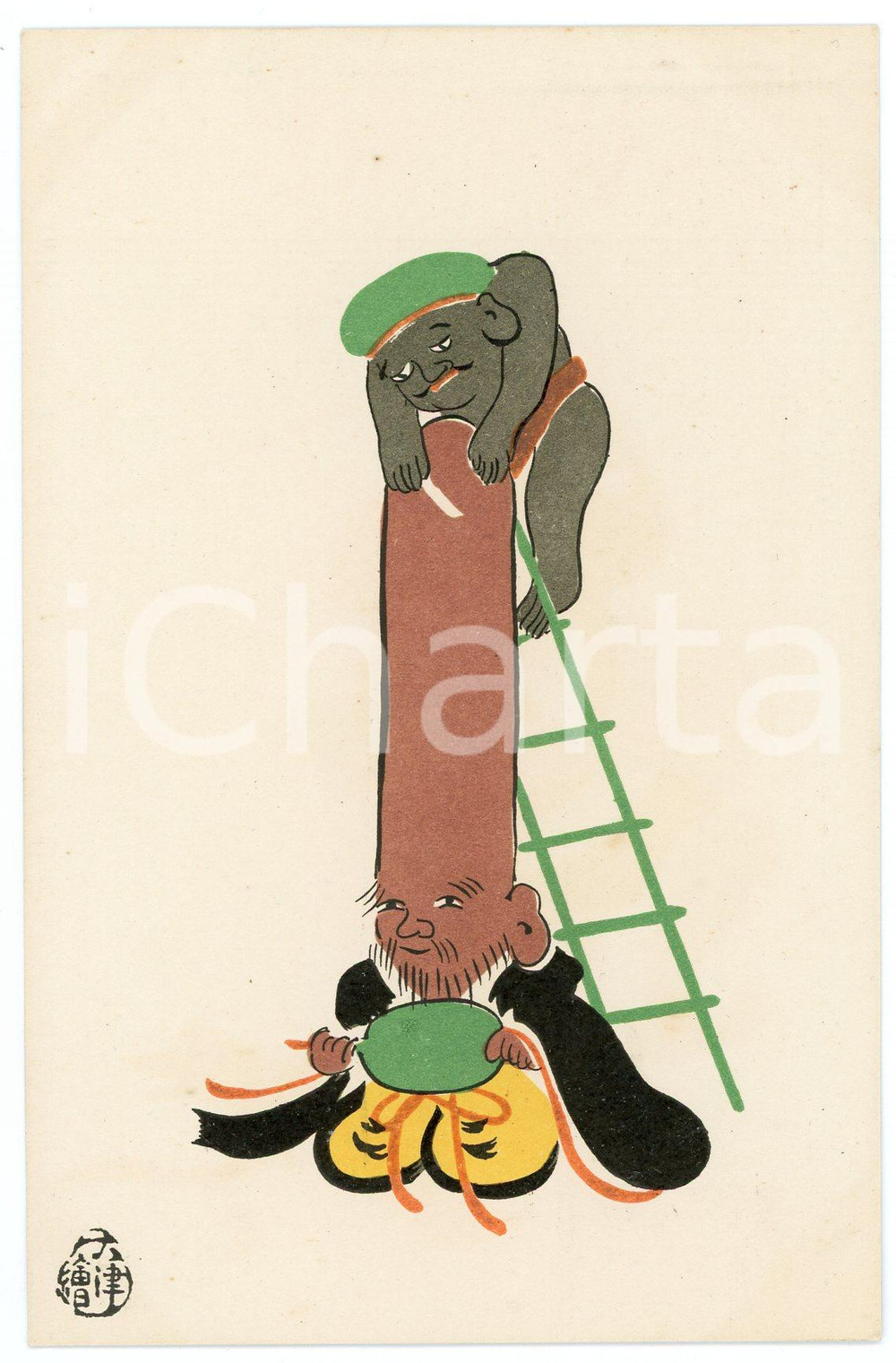 1910 ca JAPAN Ôtsu-e serie - Daikoku Shaving the Head of Fukurokuju *Postcard  Cartolina postale d'epoca, non viaggiata.CONDIZIONI: GFORMATO: FP    originale e autentica 1