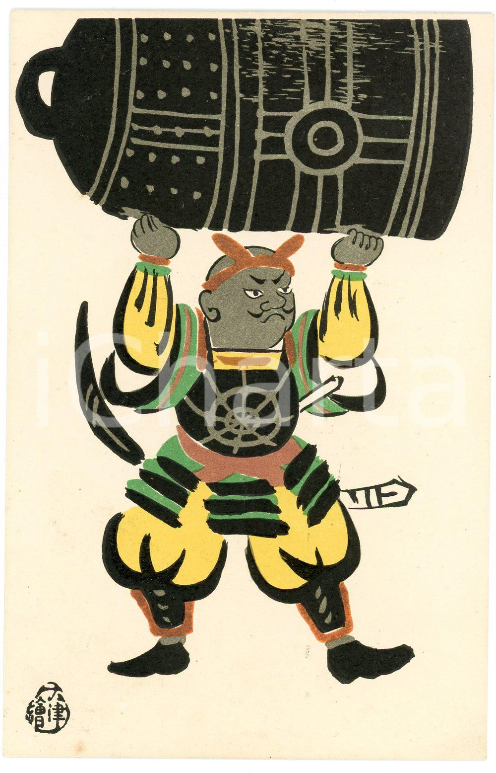 1910 ca JAPAN Ôtsu-e serie - Benkei and the Bell of Mii-dera - Postcard  Cartolina postale d'epoca, non viaggiata.CONDIZIONI: GFORMATO: FP    originale e autentica 1