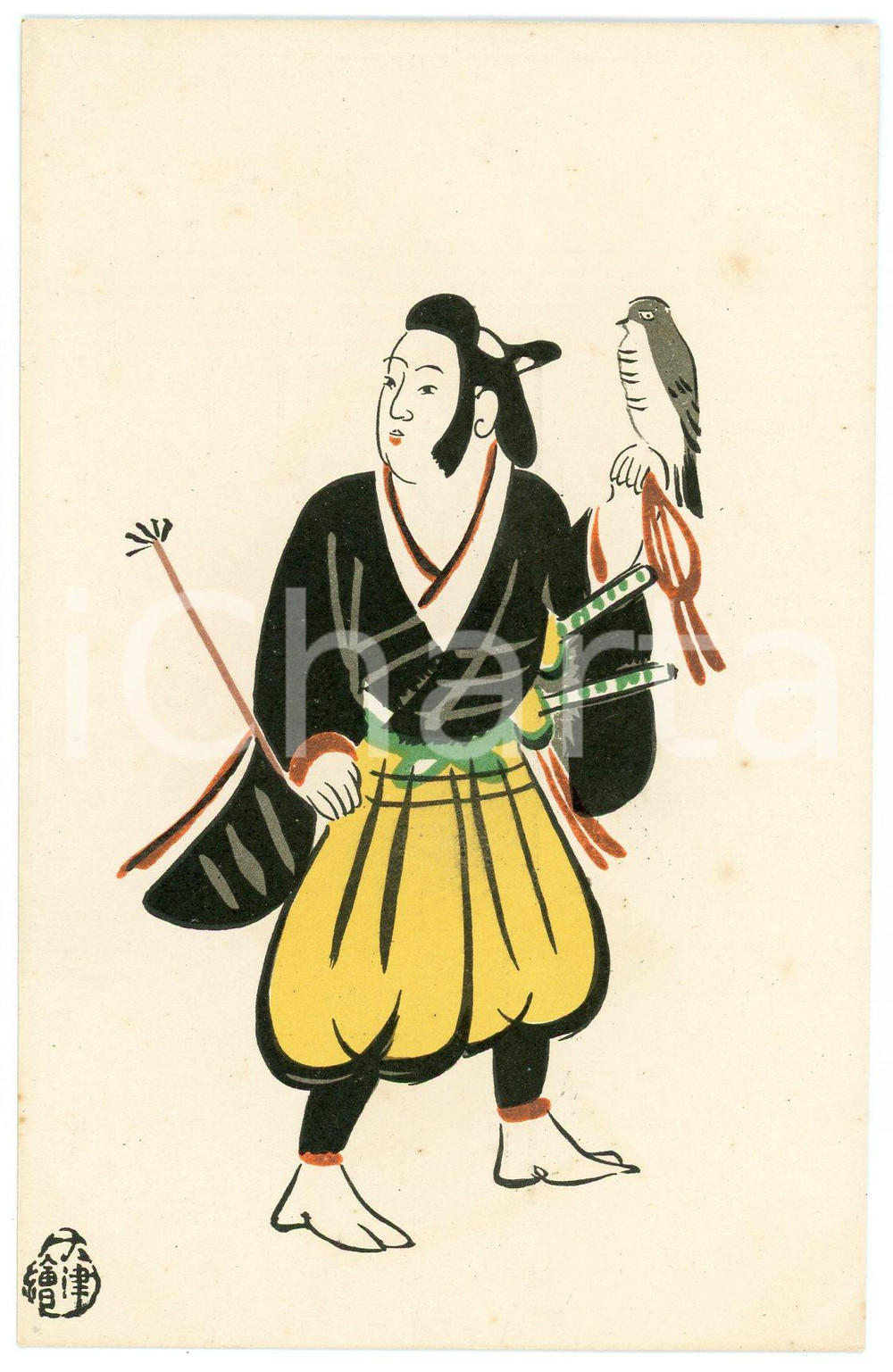 1910 ca JAPAN Ôtsu-e serie - Falconer - Illustrated postcard  Cartolina postale d'epoca, non viaggiata.CONDIZIONI: GFORMATO: FP    originale e autentica 1