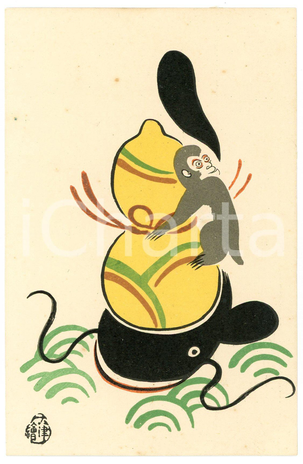 1910 ca JAPAN Ôtsu-e serie - Monkey, Catfish and Gourd - Illustrated postcard  Cartolina postale d'epoca, non viaggiata.CONDIZIONI: GFORMATO: FP    originale e autentica 1