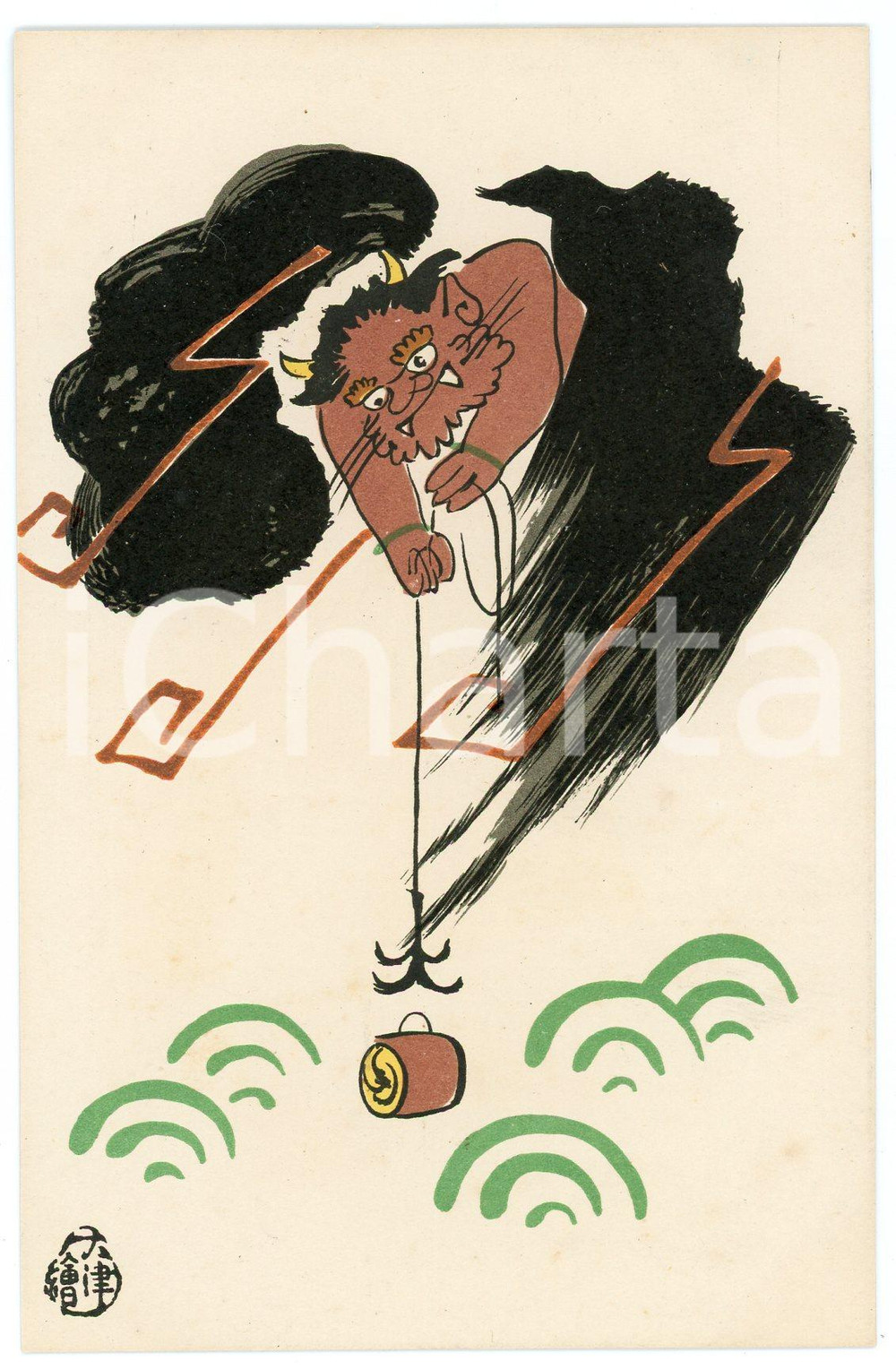 1910 ca JAPAN Ôtsu-e serie - Thunder God fishing a dropped drum - Postcard  Cartolina postale d'epoca, non viaggiata.CONDIZIONI: GFORMATO: FP    originale e autentica 1