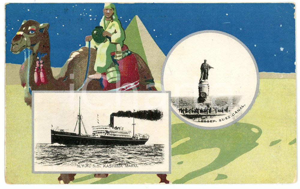 1925 JAPAN Nippon Yusen Kaisha S.S. KASHIMA MARU - Statue Lessep SUEZ *Postcard  Cartolina postale d'epoca, illustrata, viaggiata. FAIR/discreto piegatura verticale al lato sinistro Formato: 14x9 cm originale e autentica 1